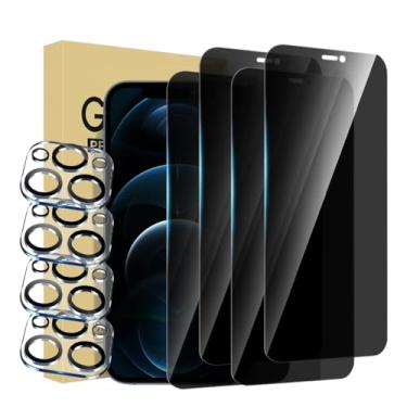 Imagem de Pacote com 4 protetores de tela de privacidade para iPhone 12 Pro Max vidro temperado com 4 protetores de lente de câmera, acessórios 9H antiespião para Apple 12 Pro Max, 2,5D curvado, compatível com