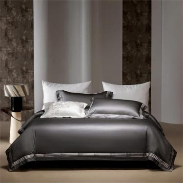 Imagem de Jogo de cama de algodão egípcio estilo hotel, cor sólida, com capa de edredom, lençol de cima/com elástico e fronhas, 4 peças, cinza escuro, tamanho King (220x240cm).