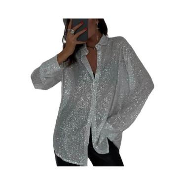 Imagem de Camisa Feminina Brilhante De Manga Longa Com Botões E Gola Dobrada Mod