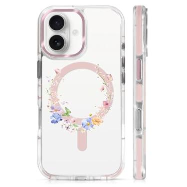 Imagem de casesok Capa para iPhone 17 compatível com Magsafe, design estético claro bonito para meninas e mulheres, capa rígida protetora antiqueda para iPhone 17 - Anel de borboleta com flores pastel