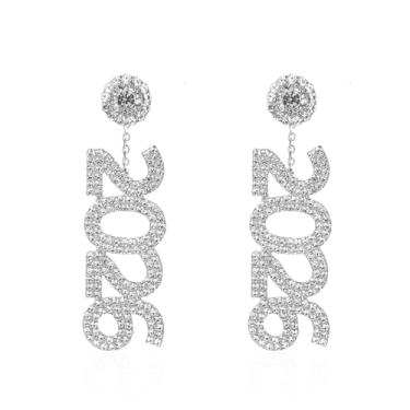 Imagem de Brincos de strass 2026, brincos de argola com tema de ano brilhante para festa de formatura de ano novo, joias de cristal modernas para mulheres, Medium, Acrílico, Sem pedra preciosa