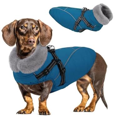 Imagem de Queenmore Casaco impermeável para cães pequenos, jaquetas refletivas à prova de vento para cães com arnês embutido, casacos de inverno para cães com zíper nas costas, roupa de neve quente com forro de