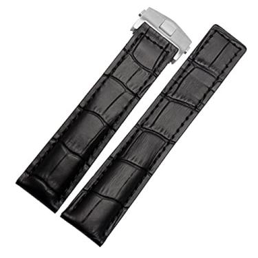 Imagem de SOMKB Pulseira de relógio de couro genuíno para TAG heuer Pulseira azul preta marrom 19 mm 20 mm 22 mm com tiras de couro de fecho dobrável (Cor: Preto prata, Tamanho: 20 mm)