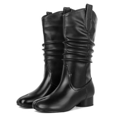 Imagem de KOKOMOMO Botas femininas de cano médio, bico dividido, enrugadas, despojadas, caubói, cowgirl, cilíndrica, salto baixo, sapatos ninja japoneses, sem fecho, trabalho, festa, sapatos sociais, Preto, 37