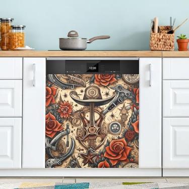 Imagem de xigua Capa magnética para lava-louças caveiras e rosas, adesivos magnéticos decorativos antiarranhões para painel de geladeira e lava-louças, decoração personalizada de cozinha doméstica 58 x 66 cm