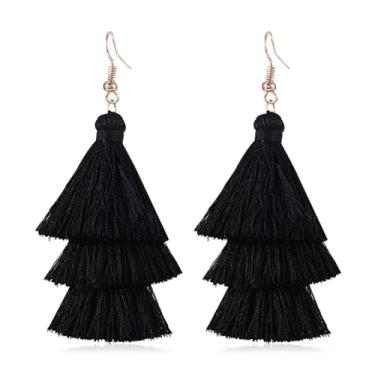 Imagem de Brincos femininos boêmios de borla – Brincos leves com 3 camadas de franjas coloridas, joias boho, Large, Algodão, Sem pedra preciosa