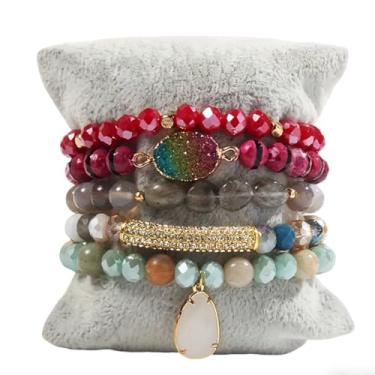 Imagem de ZOSOJONA Pulseiras femininas Boho com contas, 5 peças, contas de ágata turquesa, conjunto de pulseiras elásticas com pedra natural e cristal, pulseiras empilháveis da amizade, joias presentes para