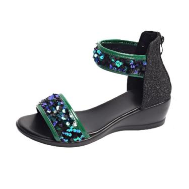 Imagem de Sandálias femininas plataforma bico redondo, bico aberto, zíper traseiro, lantejoulas, sola grossa, Verde, 36
