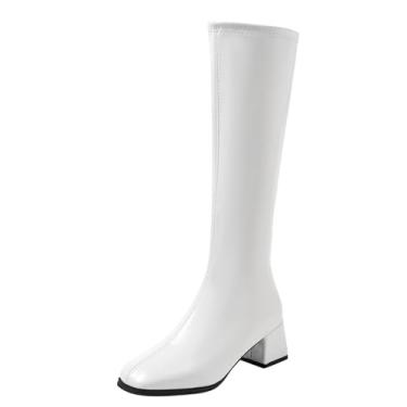 Imagem de Botas femininas de bico quadrado, salto médio, salto grosso, cor sólida, casual, inverno, Branco, 36