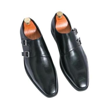 Imagem de Sapatos Monk De Couro Retro Masculinos Com Bico Fino E Fivela, Confort