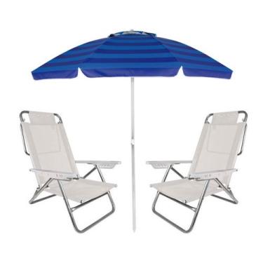 Imagem de Kit 2 Cadeira Praia Summer Reclinável 6 Posições + Guarda Sol Articula