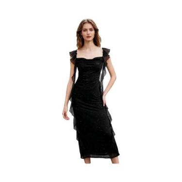 Imagem de Vestido Midi Elegante Preto Com Alças De Renda Para Mulheres, Festa, C