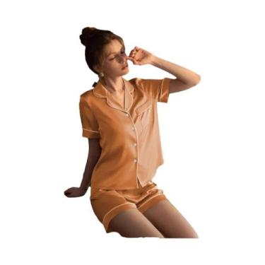 Imagem de Conjunto De Pijamas De Verão Feminino Em Cetim Sólido Confortável Em D