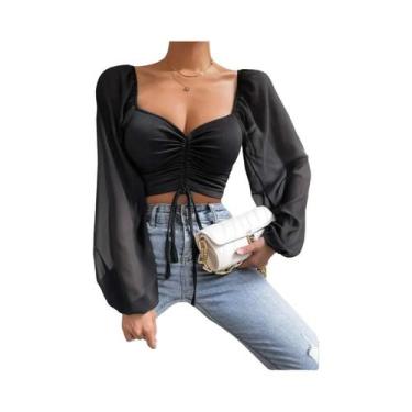 Imagem de Blusa Feminina Cropped De Malha Canelada Com Decote Plunge, Manga Tran