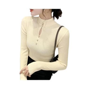 Imagem de Suéter Feminino De Tricô Gola Alta Manga Longa Vazado Slim Fit Estilo 