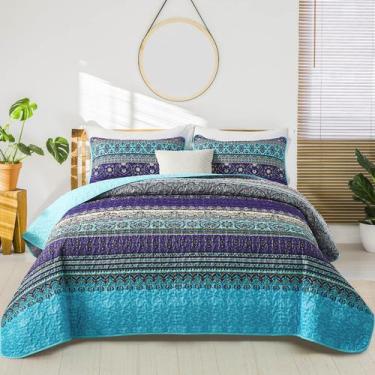 Imagem de Quilt WONGS BEDDING Boho King Size, azul, roxo, microfibra