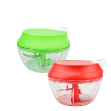 Imagem de Processador de Alimentos com Puxador de Corda, Verde e Vermelho, Picador de Legumes e Carnes, Recipiente Transparente