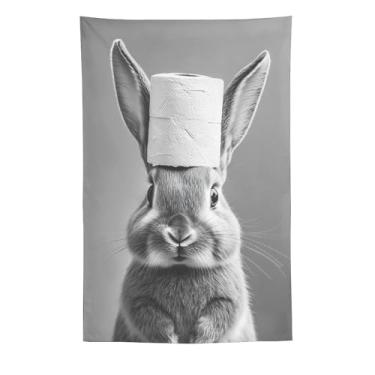 Imagem de Tapeçaria de chapéu de papel higiênico de coelho impressão artística preta branca para quarto sala de estar dormitório decoração de casa com adorável design de animal pequeno Tapeçaria 152 x 239 cm