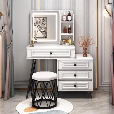 Imagem de Penteadeira com gavetas - Conjunto de mesa com espelho e luzes, inclui cadeira e armário lateral retrátil, ideal para meninas e mulheres no quarto ou vestiário