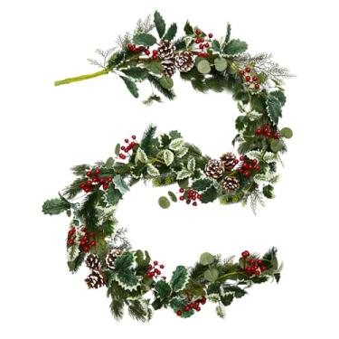 Imagem de Guirlanda de Natal de 1,8 m com pinhas e frutas vermelhas - Guirlanda de azevinho de cedro fosco para manto, mesa ou varanda - decoração festiva para uso interno e externo, perfeita com guirlandas de