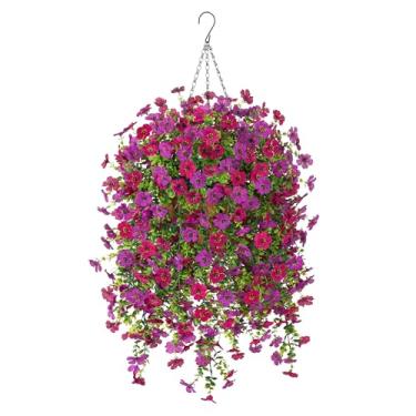 Imagem de Plantas artificiais falsas para pendurar com cesta, decoração de primavera ao ar livre, flores falsas de seda, margaridas, realista, resistente a UV para decoração de casa (roxo fúcsia)