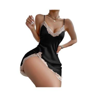 Imagem de Camisola Feminina De Cetim Com Renda Contrastante, Decote Em V Profund