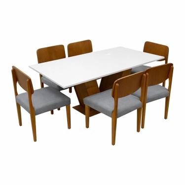 Imagem de Mesa de Jantar Classic 160x80cm com Vidro e 6 Cadeiras Barcelona em Linho Madeira Cel Móveis Cor Cinamomo Off White com Tecido Cinza