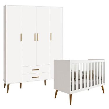 Imagem de Berço Americano E Guarda Roupa Infantil 4 Portas Isis Branco Acetinado - Reller