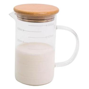 Imagem de Jarra de Vidro Tampa de Bambu 500ml Com Medidas Água Sucos Chá Oikos