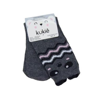 Imagem de Meia Infantil Feminina Kukiê Cano Longo Panda Preta - 68135, Cinza, 25