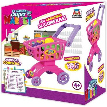 Imagem de Carrinho de Compras Infantil Super Market com 18 Peças de Frutas e Legumes Rosa Braskit