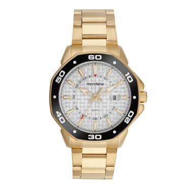 Imagem de Relógio Masculino Octagonal Lupa Calendario Analógico em Aço Inox com Lupa e Calendário Dourado Mondaine 47MM