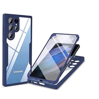 Imagem de FIRSTPELLA Capa protetora de tela integrada para Samsung S21 FE resistente TPU macio resistente capa protetora híbrida transparente 2 em 1 à prova de choque 360° capa protetora para telefone de corpo inteiro - azul