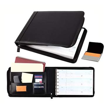 Imagem de 2Fold Portfólio de fichário de couro PU - fichário de 7 anéis para cheques de negócios com organizador integrado e estojo de cartão de visita - comporta até 600 cheques 3-Up (preto)