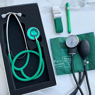 Imagem de Kit Enfermagem Estagio Acadêmico Verde Esteto Duplo Bioland Esfigmo Com Bolsa Garrote e Lanterna Clinica