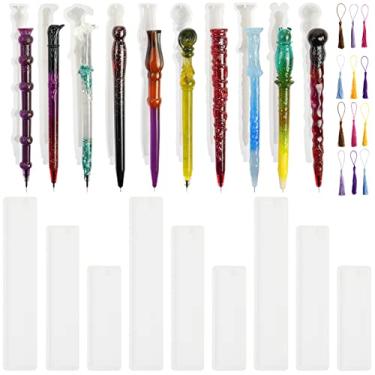 Imagem de Motiloo Conjunto de moldes de resina para marcadores de página faça você mesmo - marcador de página retangular, 10 peças de molde de caneta, 12 borlas - moldes de resina de silicone para artesanato