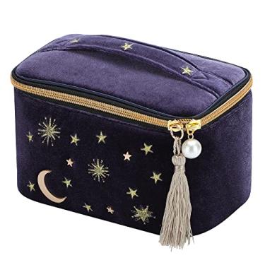 Imagem de Bolsa de maquiagem prática para cosméticos, bolsa de cosméticos com aplique bordado de veludo marinho e estrelas da lua, bolsa de maquiagem estrelada de alta capacidade com borlas e zíper de pérola, bolsa de armazenamento de beleza