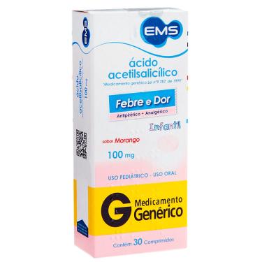 Imagem de Ácido Acetilsalicílico 100mg Infantil Sabor Morango 30 comprimidos EMS Genérico 30 Comprimidos