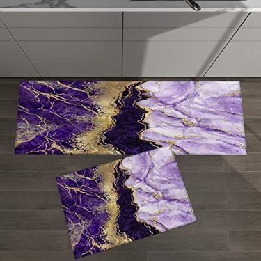 Imagem de Conjunto de 2 tapetes de cozinha abstrato mármore dourado roxo para tapetes acolchoados e tapetes antiderrapantes absorventes corredor confortável tapete de pé