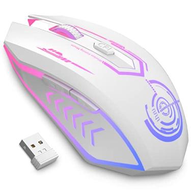 Imagem de UHURU Mouse para jogos, mouse para jogos sem fio com 6 botões, 7 cores de LED variáveis até 10.000 DPI, mouse gamer USB recarregável para PC e laptop (branco)