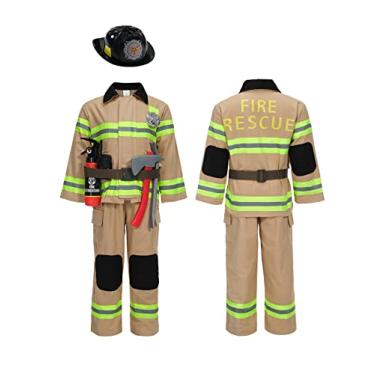 Imagem de Kosgraiy Fantasia de bombeiro para crianças, fantasia de bombeiro caramelo para meninos e meninas, fantasia de chefe de bombeiro Kds, Halloween, 9 peças, PP