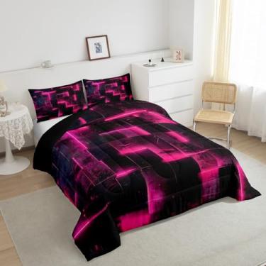 Imagem de Jogo de cama queen rosa choque preto brilhante 3D búfalo moderno, arte abstrata, geométrico, xadrez, gradiente, futurista, cubos, edredom (preto reversível)