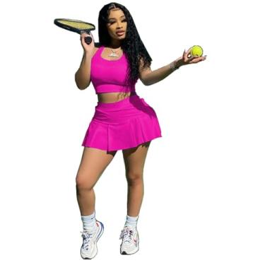 Imagem de INGORINA Conjunto de 2 peças de saia de tênis atlética sem mangas cropped mini plissado golfe saia curta verão, Vermelho rosa, X-Large