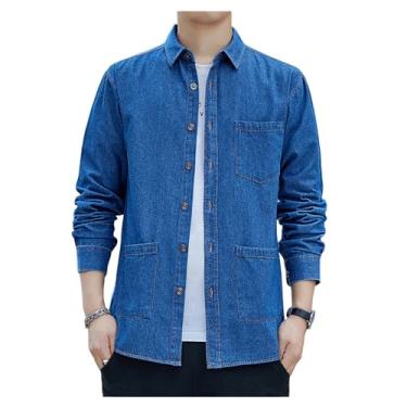 Imagem de Camisa jeans masculina, manga comprida, cor sólida, botões, punhos, gola aberta, bolsos laterais, Azul claro, XXG