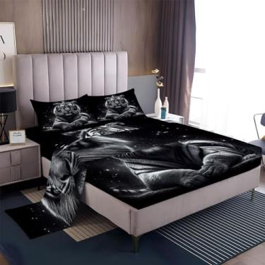 Imagem de Bhoyctn Jogo de lençol king size, céu estrelado, animal tigre, preto, 4 peças, lençol com elástico alto, roupa de cama de microfibra macia