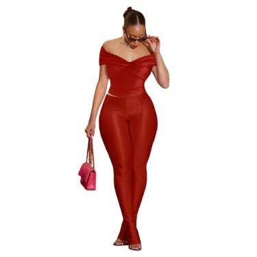 Imagem de Ryehack Conjunto feminino de 2 peças, blusa com ombro de fora, colado ao corpo, calça rodada, roupa sexy para sair ao clube, Vermelho, X-Large