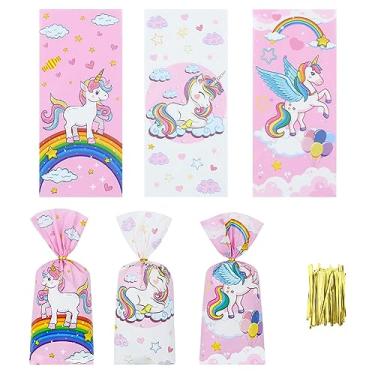 Imagem de Sacos de guloseimas de celofane rosa com laços torcidos, 100 peças, sacolas de presente de festa de unicórnio para chá de bebê, arco-íris, doces, sacolas de plástico, para festa escolar de jardim de