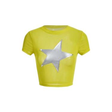 Imagem de Milumia Camiseta feminina Y2k Star Sheer Mesh cropped manga curta gola redonda sexy, Amarelo, G