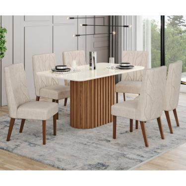 Imagem de Conjunto Sala Jantar Solana 160cm Canto Arredodado com Vidro + 6 Cadeiras Eloá Marrom/Off White