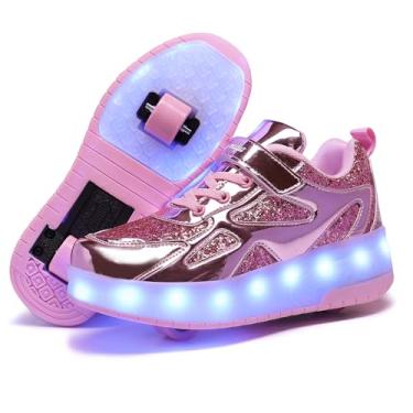Imagem de GIMKOUNN Tênis feminino com 2 rodas recarregável por USB, patins para iniciantes com 16 modos de luz de LED, para crianças, meninos, calçados estilosos unissex, 01 rosa, 16